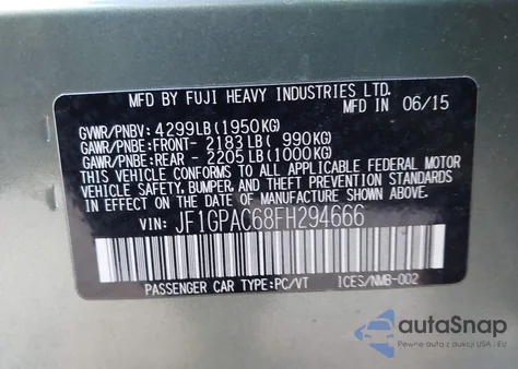 2015 Subaru Impreza 2.0I Premium z USA, uszkodzony, nr VIN JF1GPAC68FH294666